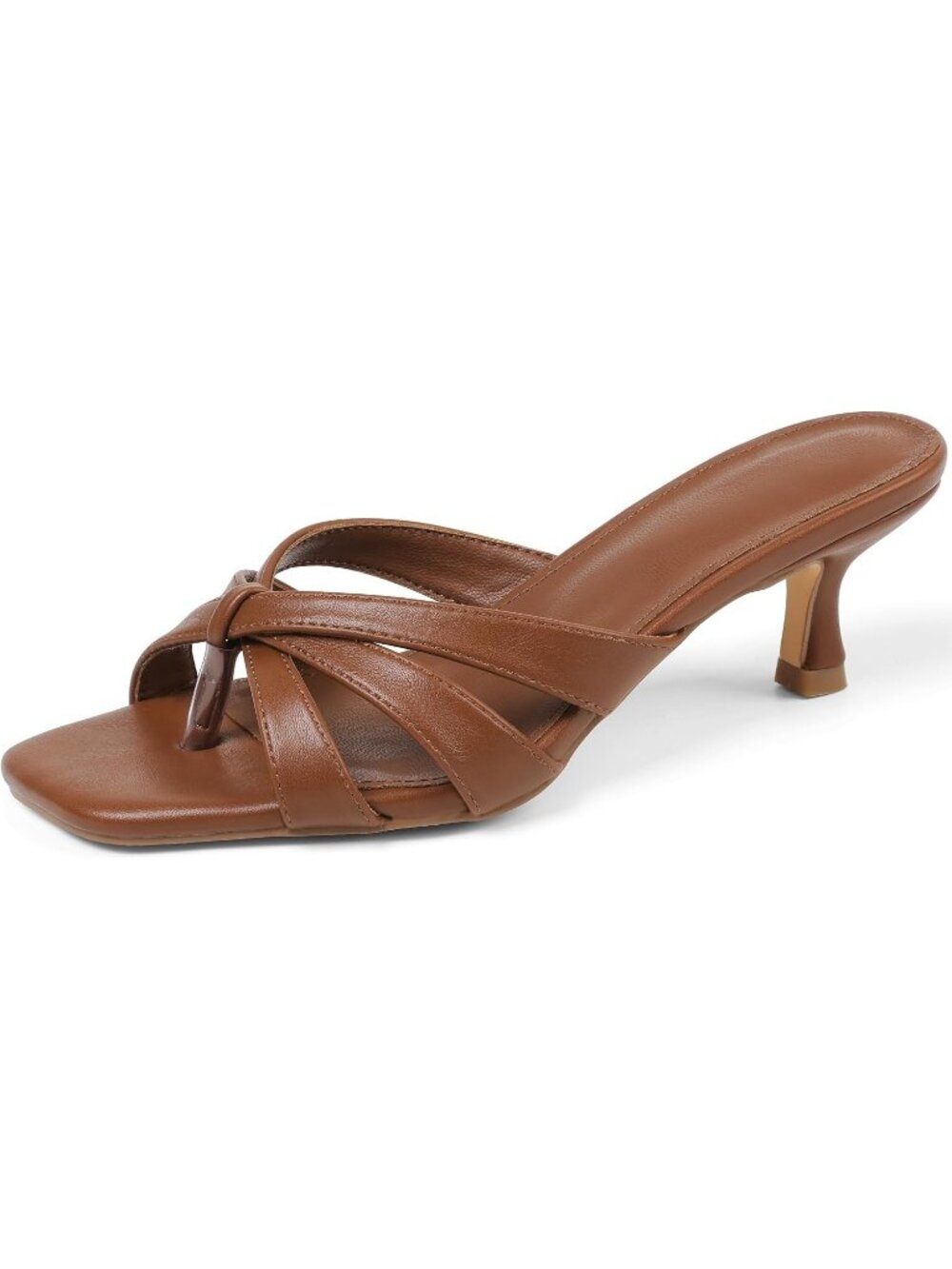 Womens Brown Pu Flip Flops Kitten Heels Square Toe Slip On Mules Slides Sandals